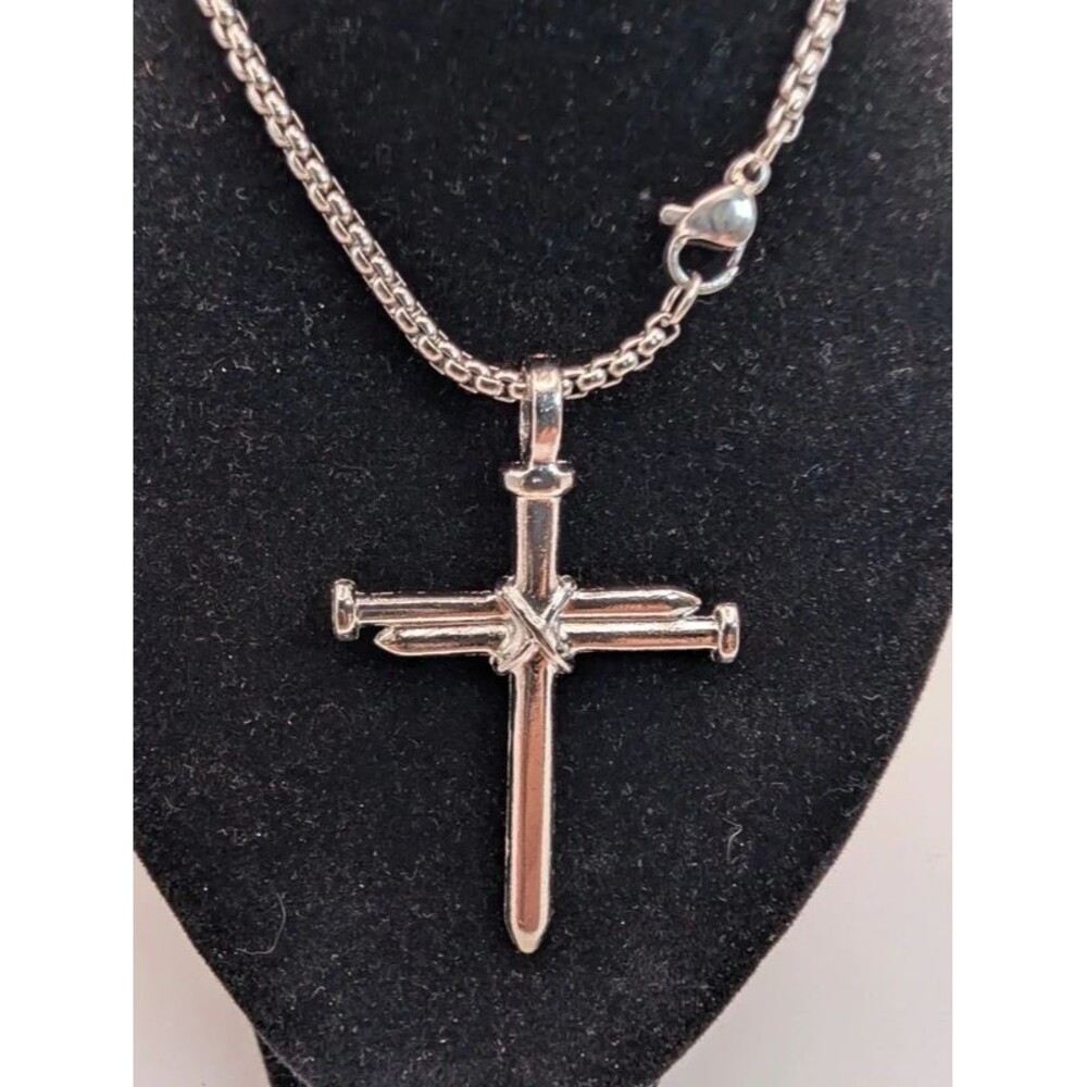 Silver Tone Men's Nails Cross Pendant Necklace With 24" Chain and Lobster Clasp